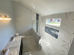 bathroom remodel in progress in Olmsted Falls with quartz countertops
