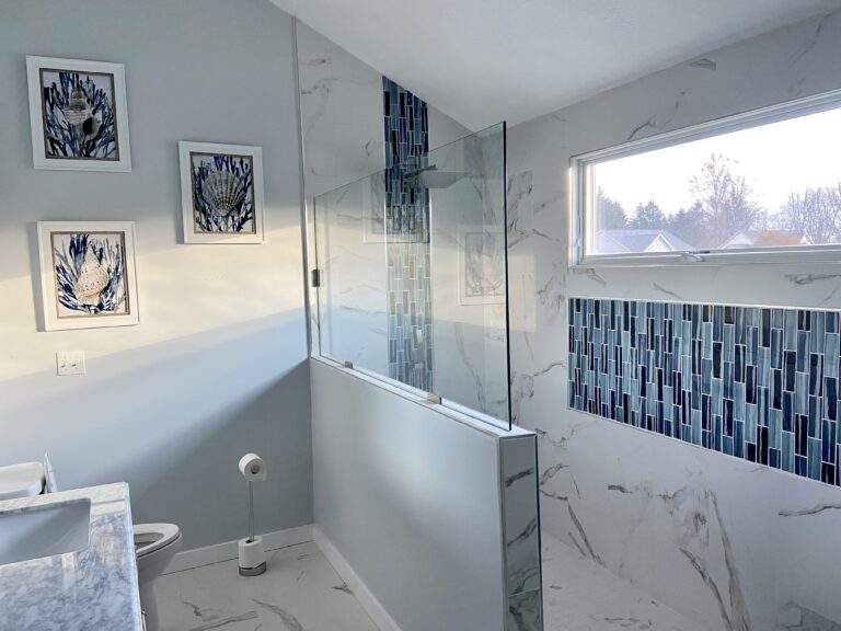 bathroom remodel in Olmsted Falls with quartz countertops